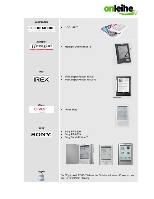 Mit der Onleihe kompatible E-Book-Reader Stand November 2009