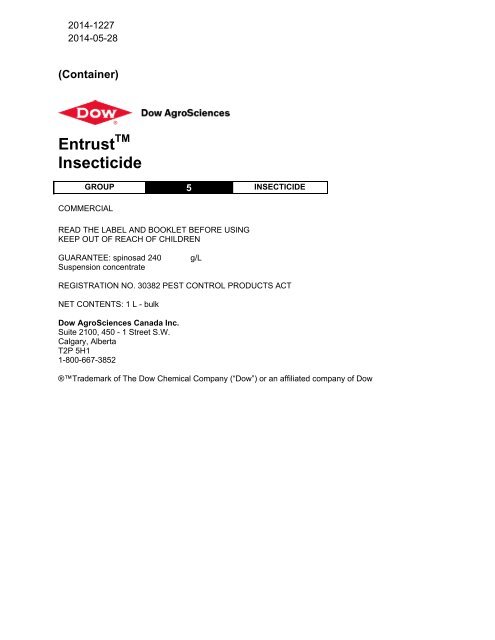 Entrust Pesticide Label: Entrust Sc Naturalyte – EHHCSE