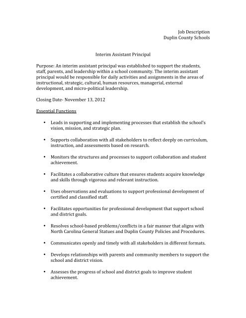 Job Description Duplin County Schools Interim Assistant Principal ...