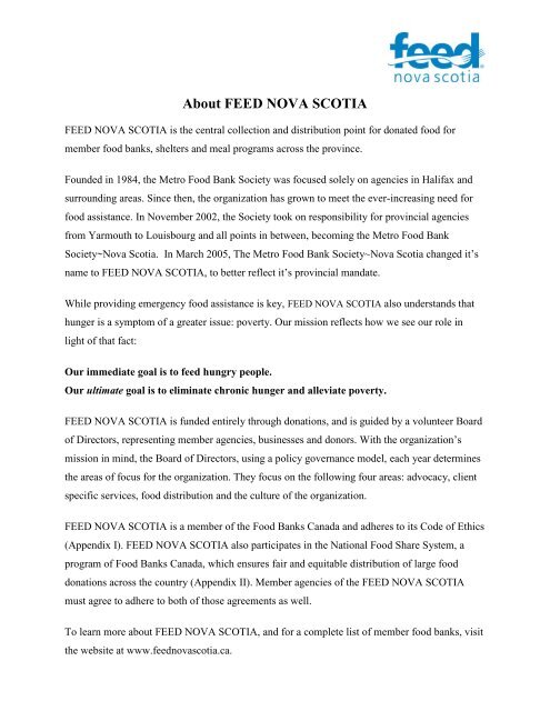 About the Metro Food Bank Society~Nova Scotia - Feed Nova Scotia