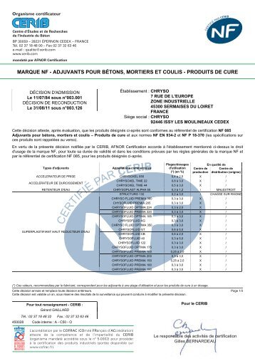 marque nf - adjuvants pour bÃ©tons, mortiers et coulis ... - Chryso