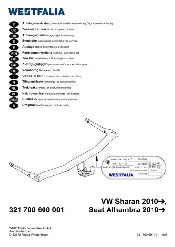 VW Sharan 2010, 321 700 600 001 Seat Alhambra 2010 - Westfalia