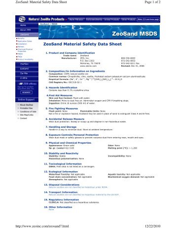 ZeoSand Material Safety Data Sheet - Bel-Aqua Pool Supply, Inc.