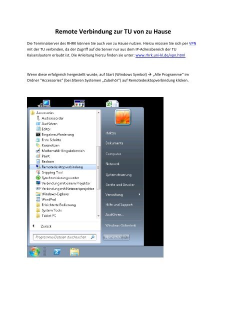 Remote Verbindung zur TU von zu Hause - RHRK
