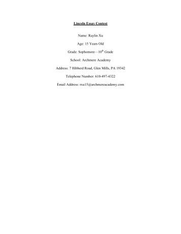 High School Senior Essay Lincoln Essay Contest Name Raylin Xu Age Years Old Grade Research Paper Essay Examples also Learning English Essay Lincoln Essay Contest Name Raylin Xu Age Years Old Grade Thesis For An Analysis Essay