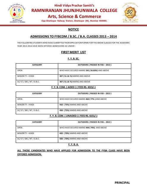 first merit list - ramniranjan jhunjhunwala college