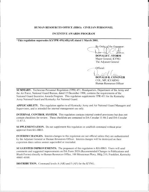 Ky Tpr 451 Incentive Awards Program Department For Military Affairs