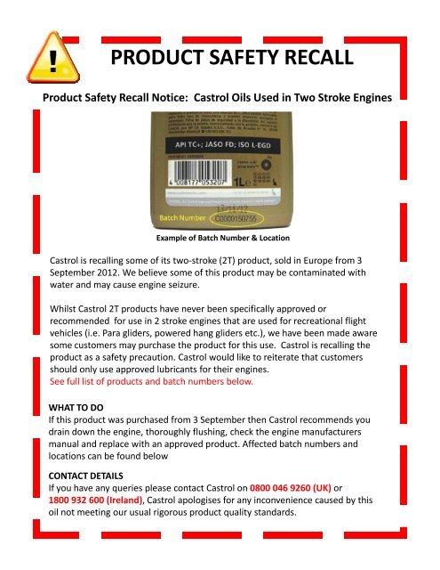 Castrol Recall Notice