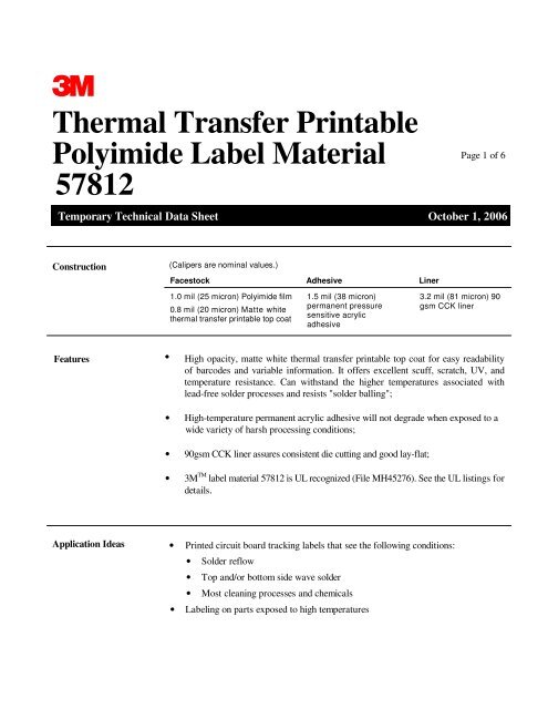 S Thermal Transfer Printable Polyimide Label Material 57812