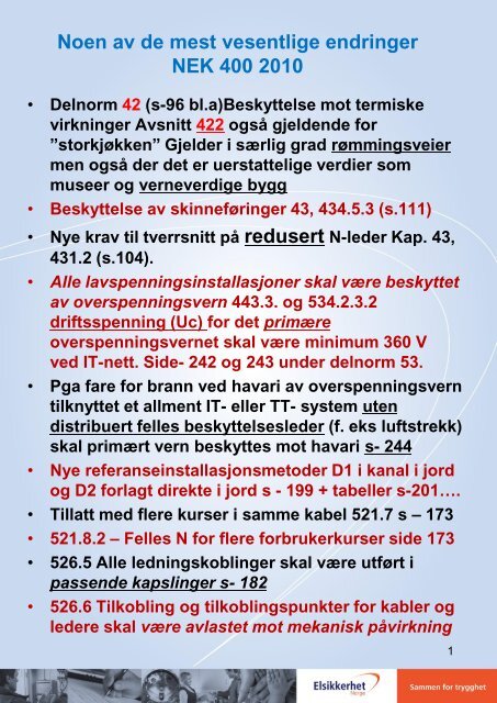 Noen av de mest vesentlige endringer NEK 400 ... - Eidsiva Nett AS