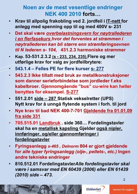 Noen av de mest vesentlige endringer NEK 400 ... - Eidsiva Nett AS