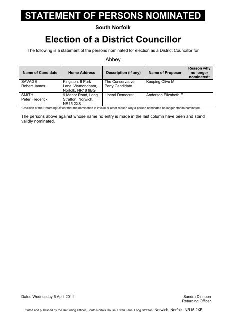 Election of District Councillors - South Norfolk Council