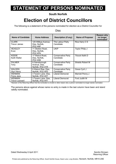 Election of District Councillors - South Norfolk Council