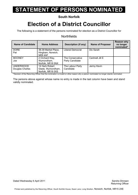 Election of District Councillors - South Norfolk Council