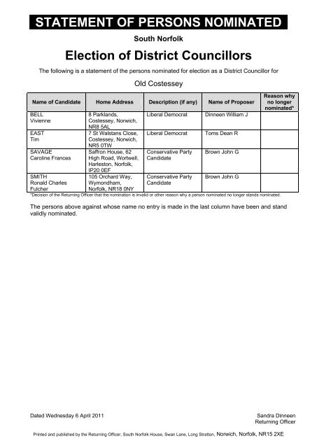 Election of District Councillors - South Norfolk Council