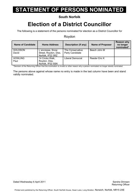 Election of District Councillors - South Norfolk Council