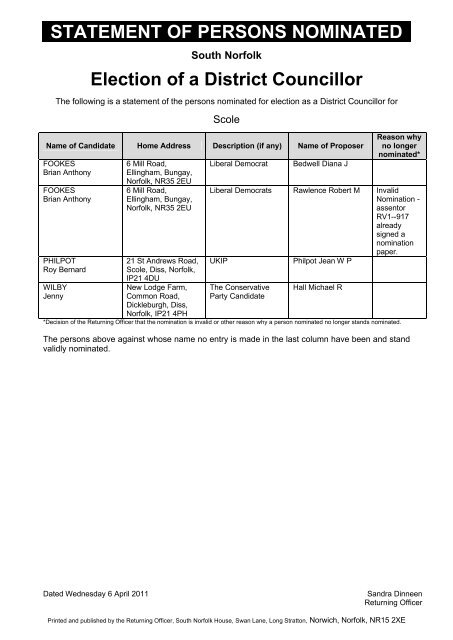 Election of District Councillors - South Norfolk Council