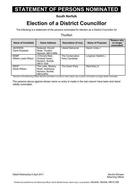 Election of District Councillors - South Norfolk Council