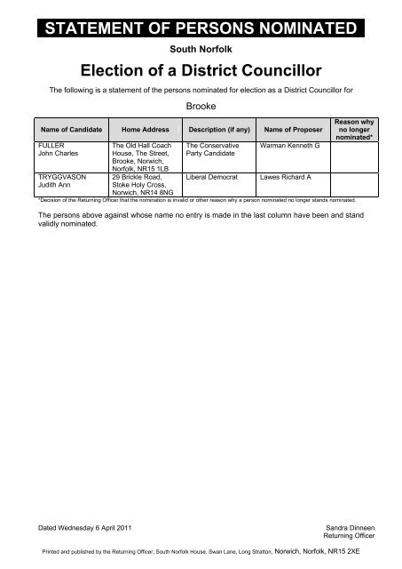 Election of District Councillors - South Norfolk Council