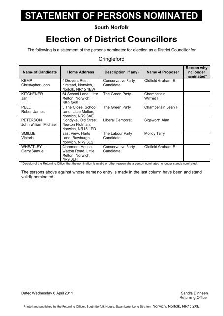 Election of District Councillors - South Norfolk Council