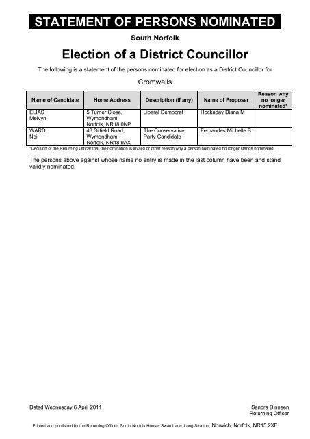 Election of District Councillors - South Norfolk Council