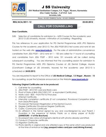 PG Dental Counselling call letter 2012 - JSS University, Mysore