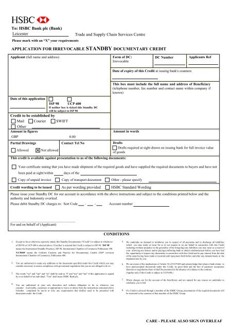 Standby DC application form (PDF) - Business banking - HSBC