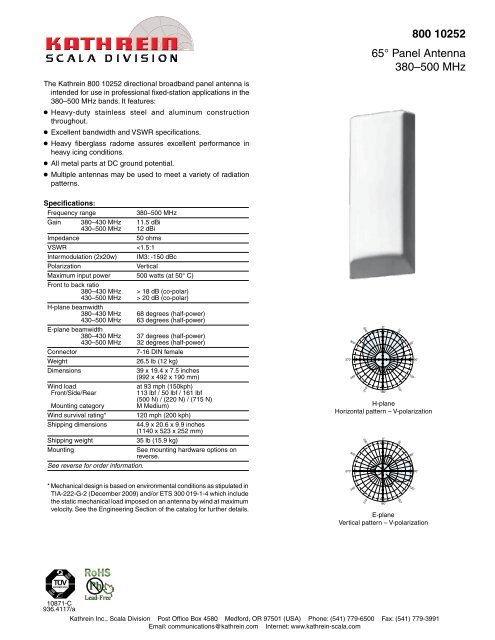 800 10252 65 Panel Antenna 380 500 MHz Kathrein Scala Division