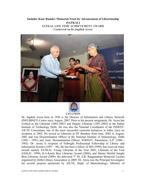 SATKAL Life Time Achievement Awards to Dr Jagdish Arora ...