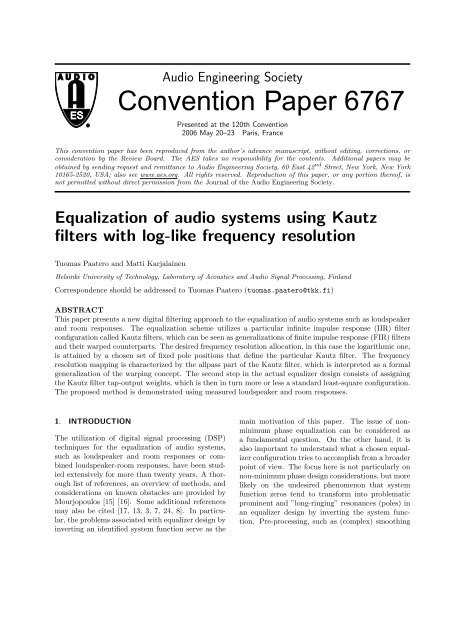 Equalization of Audio Systems using Kautz Filters ... - TKK Acoustics