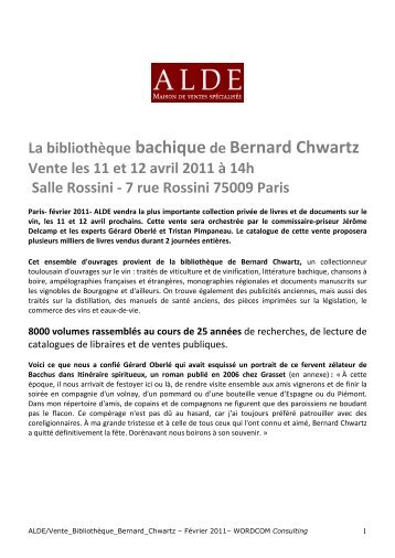 La bibliothÃ¨que bachique de Bernard Chwartz Vente ... - Vinomedia