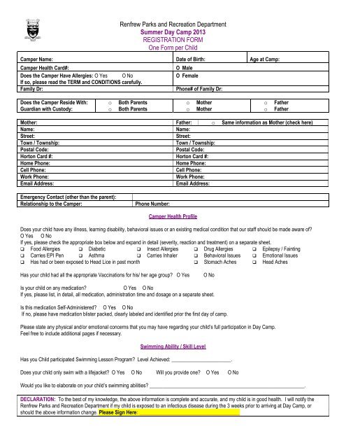 Day Camp Camp Registration Form The Town Of Renfrew