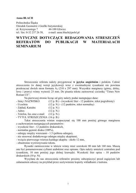 Jolanta TOFIL - Strona gÅÃ³wna - OÅrodek Geometrii i Grafiki ...