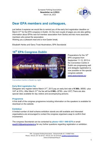Dear EPA members and colleagues, - European Parking Association