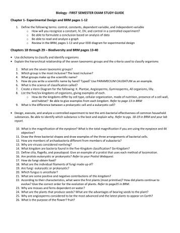 Biology - FIRST SEMESTER EXAM STUDY GUIDE Chapter 1 ...