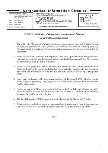 Notification of illness, injury or pregnancy by holder of an air traffic ...