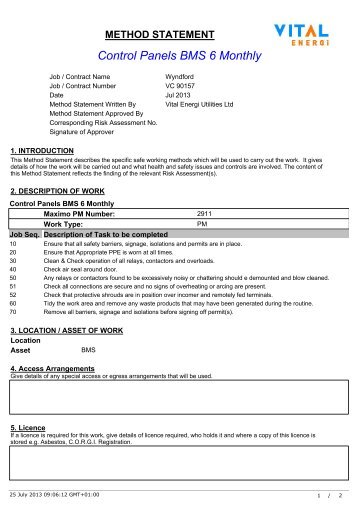 METHOD STATEMENT Control Panels BMS 6 Monthly - Vital Energi