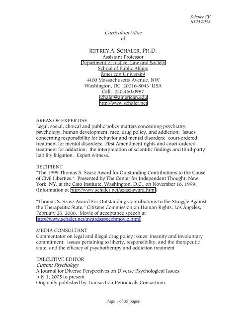 Curriculum Vitae - Jeffrey A. Schaler, Ph.D.