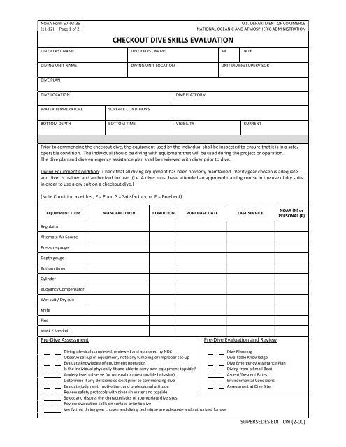 NOAA Form 57-03-35 Checkout Dive Skills Evaluation
