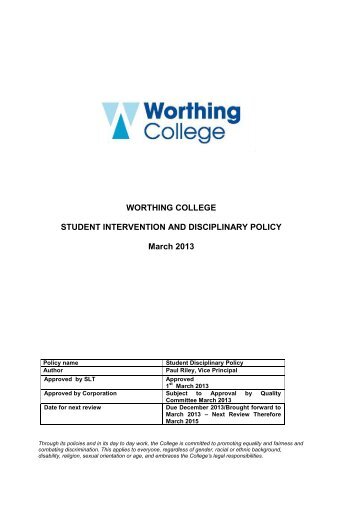 Student Intervention and Disciplinary Policy - Worthing College