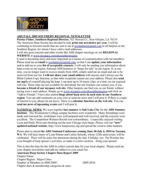 AHS FALL 2009 SOUTHERN REGIONAL NEWSLETTER Patrice ...