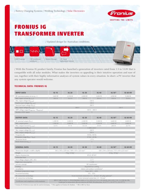Fronius IG solar inverter datasheet - Energy Matters