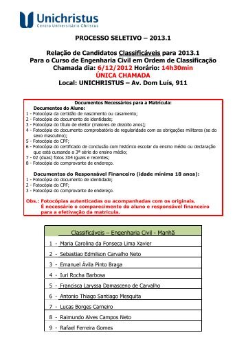 Classificáveis Engenharia Civil - Faculdade Christus