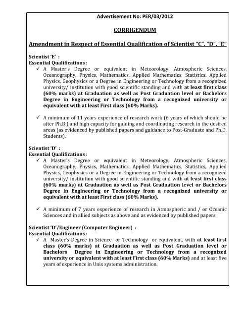 Amendment in Respect of Essential Qualification of Scientist “C”