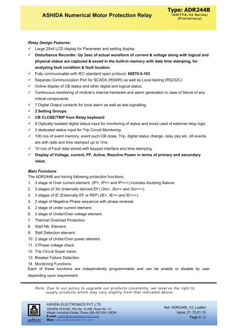 Type: ADR244B ASHIDA Numerical Motor Protection Relay