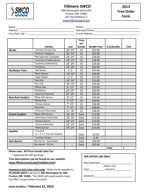 the 2013 tree order form. - Fillmore Soil and Water Conservation ...