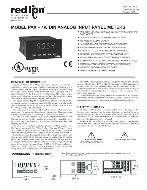 PAX Analog Data Sheet/Manual PDF - Automation Sales