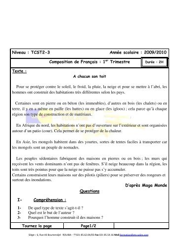 Sujet FranÃ§ais TCST 2-3 - Groupement Scolaire Salim