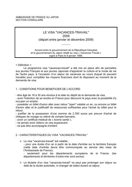 LE VISA "VACANCES-TRAVAIL" - Ambassade de France au Japon