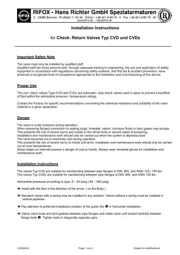 Installation Instructions for Check- Return Valves Typ  CVD und CVDz